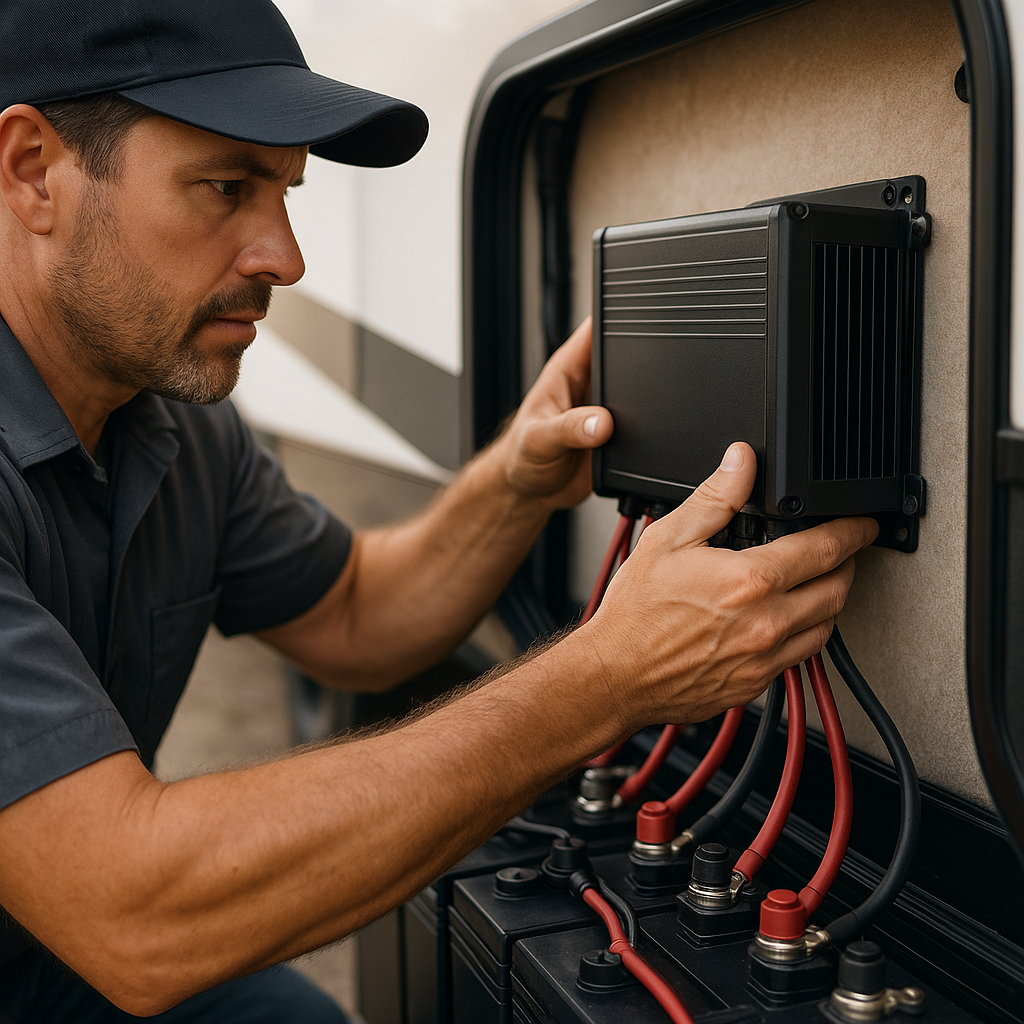 A technician wearing work gloves installs a multi-bank RV battery charger in a vehicle's electrical compartment.