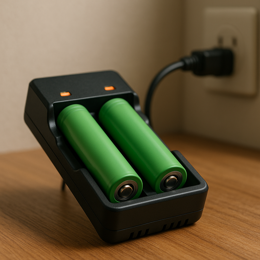 A photograph showing a safe 18650 battery recharge setup with a smart charger placed on a wooden surface, using soft natural lighting and a shallow depth of field to focus on the equipment. The background is subtly blurred, emphasizing the batteries and charger in an editorial-style composition with realistic textures and color tones. A safe 18650 battery recharge setup with a smart charger on a wooden surface, featuring soft natural lighting.