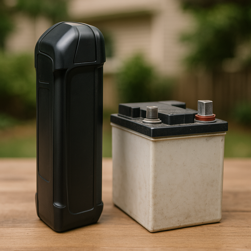 A photograph showing a 36v lithium battery placed next to a lead-acid battery on a textured surface, with soft natural lighting creating subtle shadows and a shallow depth of field that blurs the clean background. The composition emphasizes the size difference and material textures between the two battery types, with accurate color representation of the metallic and plastic components. Side-by-side comparison of a 36v lithium battery and a lead-acid battery in a natural environment with soft lighting.
