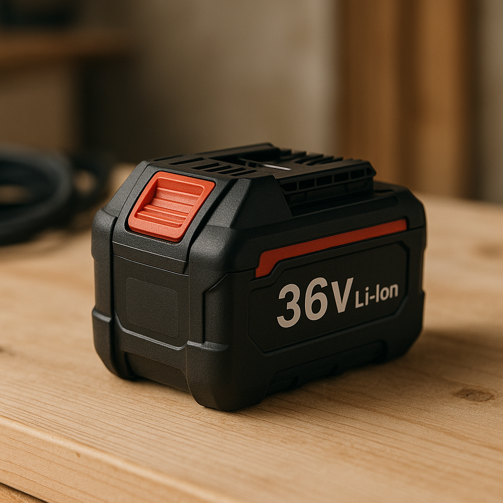 A 36v lithium battery designed for power tools is displayed on a wooden workbench, featuring visible labels and metallic connectors. The composition uses soft natural lighting with a shallow depth of field that subtly blurs the background, emphasizing the battery's textured surface and industrial design in an editorial style. A professional-grade 36v lithium battery for power tools with clear labels sits on a workbench in soft natural lighting.