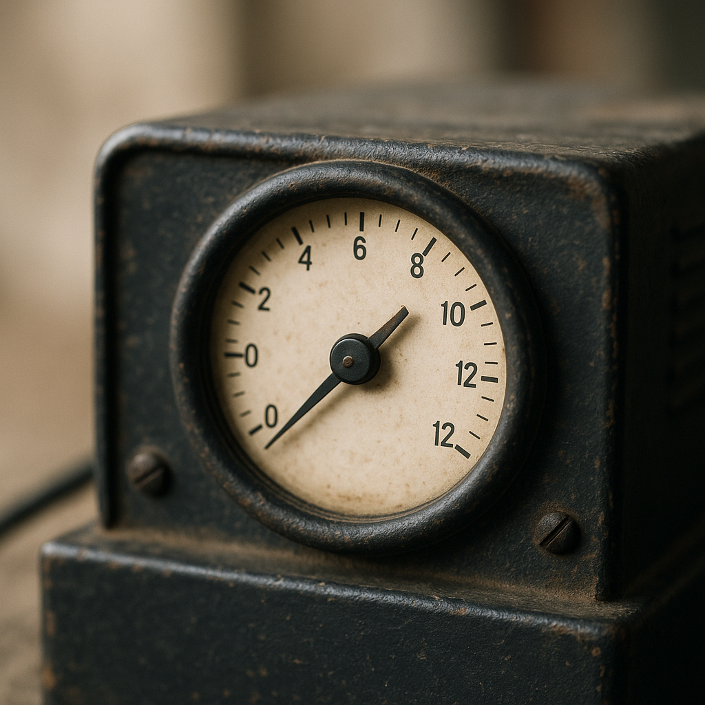 Close-up of a vintage manual battery charger dial with a brass knob and black markings on a metal surface.