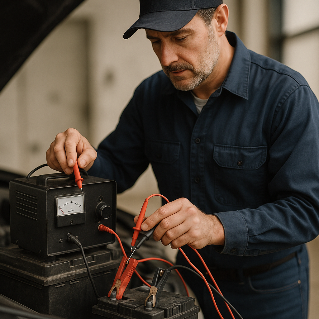 A technician in a workshop setting wears blue work gloves while operating a manual battery charger connected to a car battery, simultaneously checking readings on a digital multimeter. The scene features soft natural lighting that highlights the tools' metallic surfaces and the battery's textured casing, with a shallow depth of field that subtly blurs the background of tool shelves and workbenches to focus attention on the diagnostic process. A technician wearing blue work gloves uses a manual battery charger and multimeter to test a car battery in a workshop.