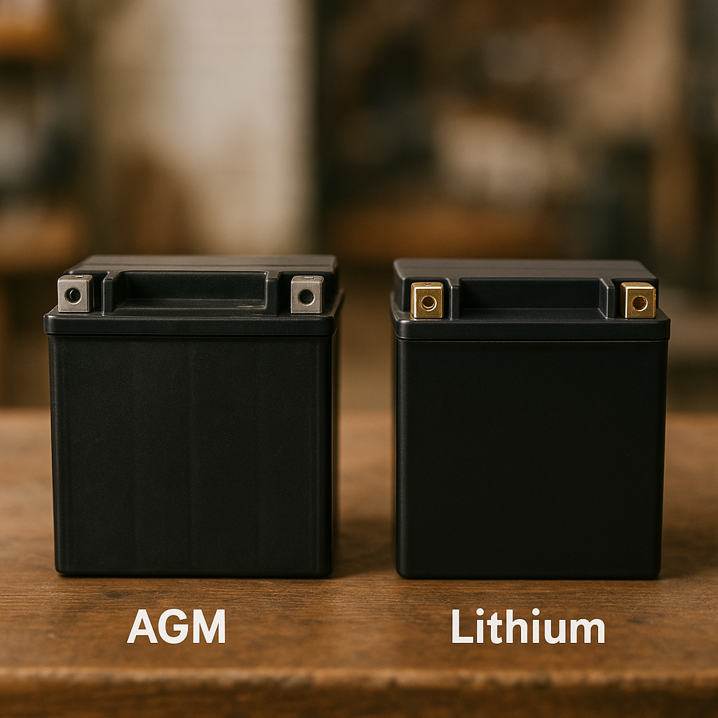 A side-by-side comparison of a YTX14-BS AGM battery and a YTX14-BS Lithium battery, positioned on a rustic wooden table with a subtly blurred background. The scene features soft natural lighting highlighting the metallic textures and distinct colors of the batteries, creating an editorial-style composition that emphasizes their differences in a clean, authentic setting. Two YTX14-BS batteries, one AGM and one Lithium, placed side-by-side on a wooden surface with soft natural lighting.