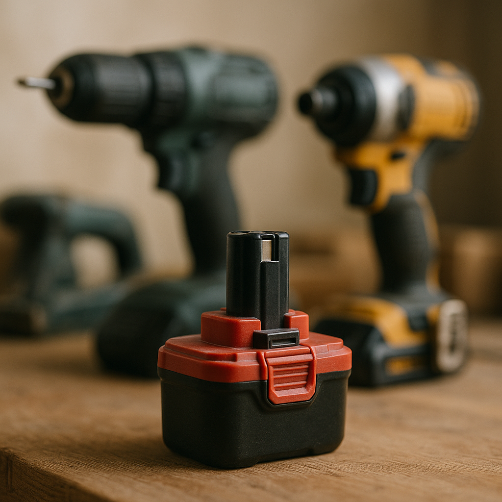 A compact 12-volt battery is positioned next to power tools on a wooden workbench in a workshop setting, with soft natural lighting highlighting the metallic textures and plastic casing of the battery and tools against a subtly blurred background. A compact 12-volt battery sits beside power tools on a workbench in a workshop environment.