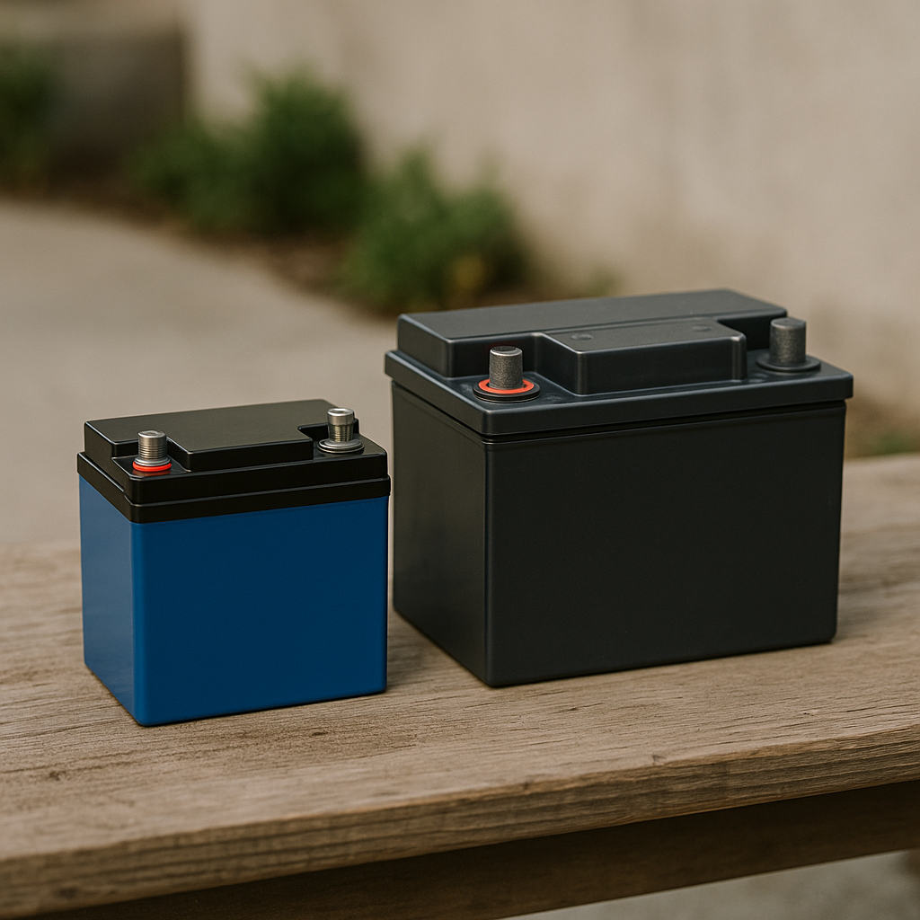 Side-by-side comparison of a small 12v LiFePO4 battery and an AGM battery on a wooden surface with soft lighting.