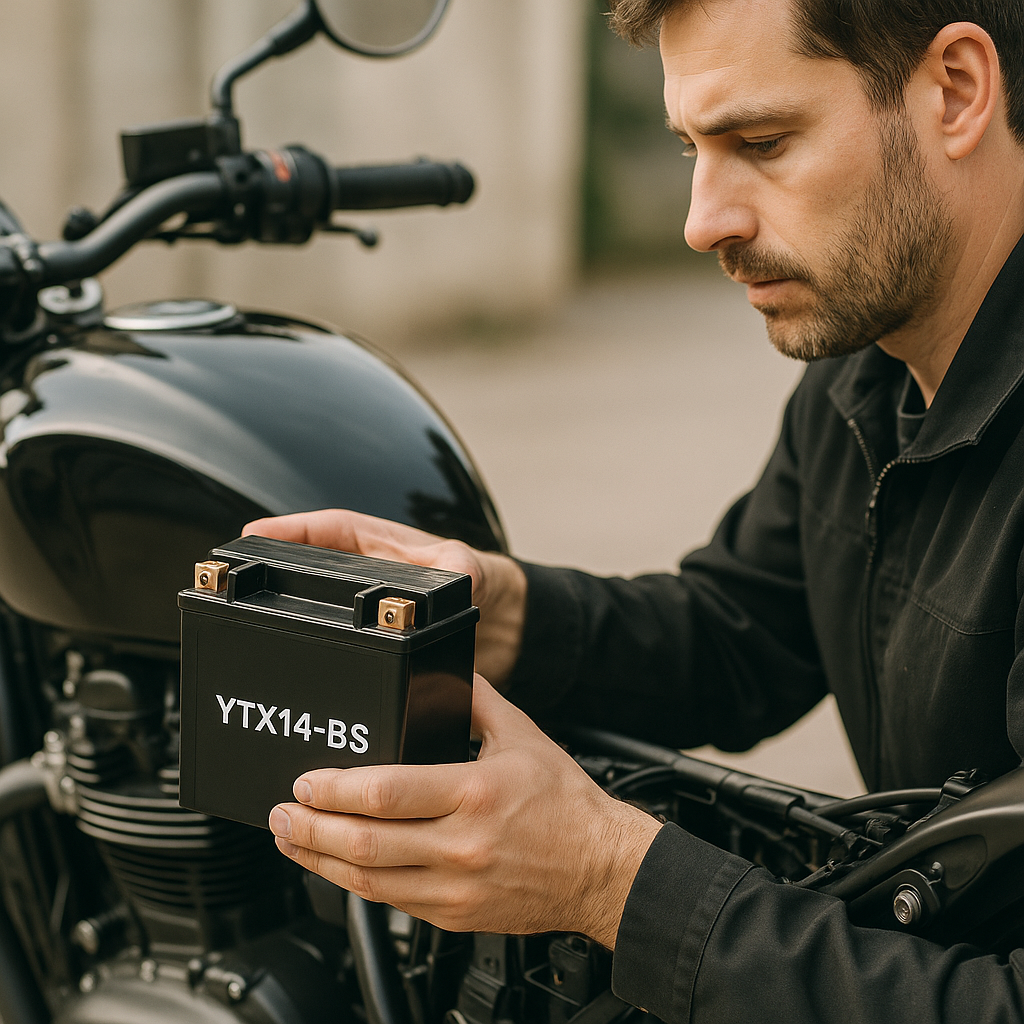 A technician wearing work gloves carefully positions a black YTX14-BS battery into the battery compartment of a modern motorcycle in a workshop setting. The scene features soft natural lighting that highlights the motorcycle's metallic surfaces and the technician's focused expression, with a shallow depth of field blurring the background tools and equipment to emphasize the installation process. A technician in a workshop installs a black YTX14-BS battery into a modern motorcycle's battery compartment.