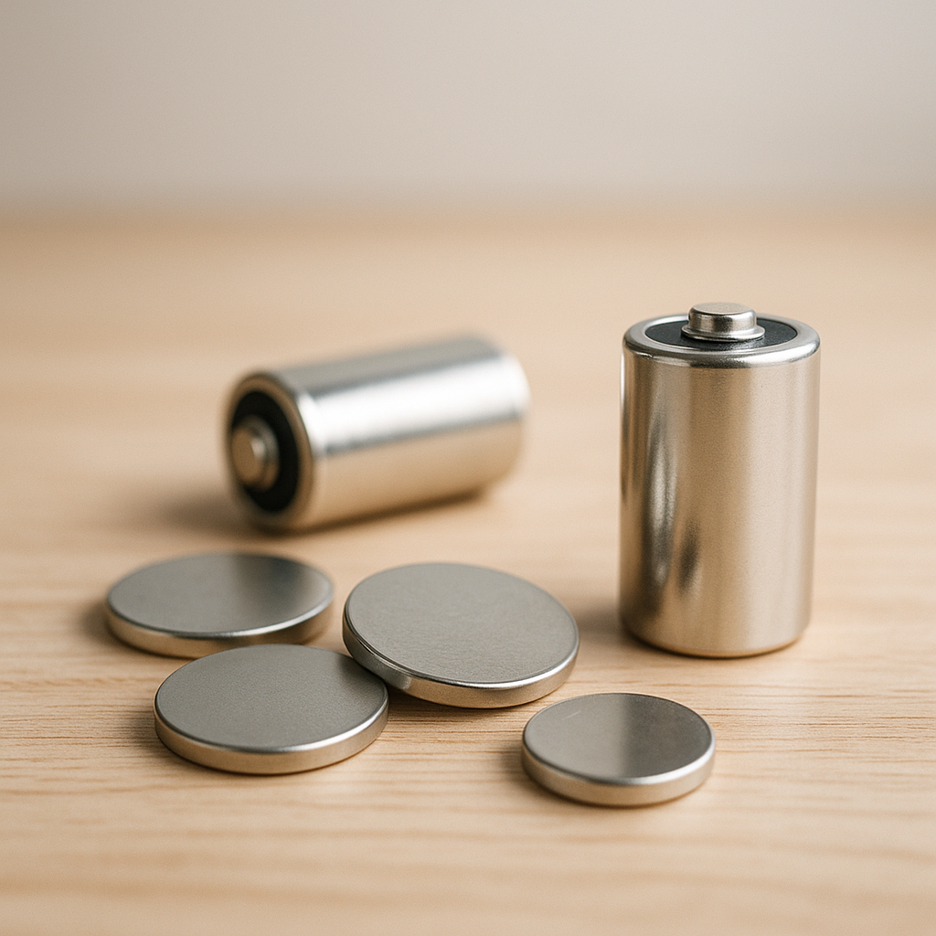 A photograph showing various 3 volt lithium batteries, such as CR2032 and CR123A types, placed on a clean surface with soft natural lighting and a shallow depth of field that subtly blurs the background. The composition highlights the metallic textures, silver and black color tones, and realistic scale of the batteries in an editorial-style arrangement. An assortment of common 3 volt lithium batteries, including CR2032 and CR123A models, arranged on a clean background.