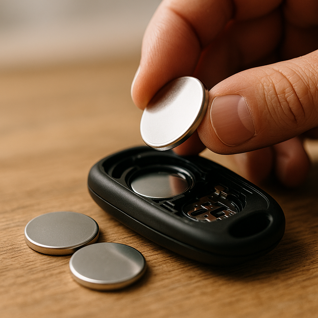 A close-up photograph shows three silver 3-volt lithium batteries being installed into a small black electronic key fob, placed on a wooden table with soft natural lighting and a shallow depth of field that subtly blurs the background to focus on the batteries and device. Close-up of three silver 3-volt lithium batteries being inserted into a small black electronic key fob on a wooden surface.