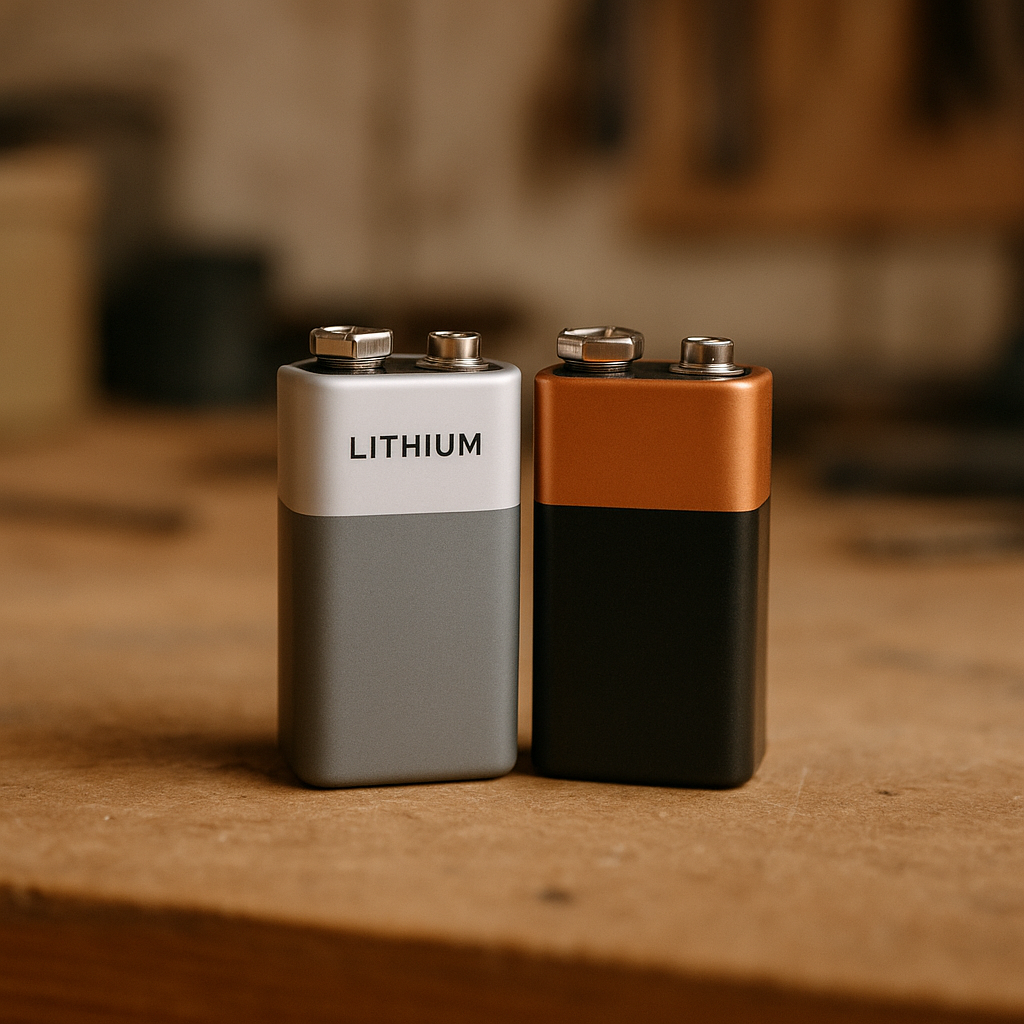 A 9v lithium battery and an alkaline 9v battery side by side on a wooden workbench with tools in the background.