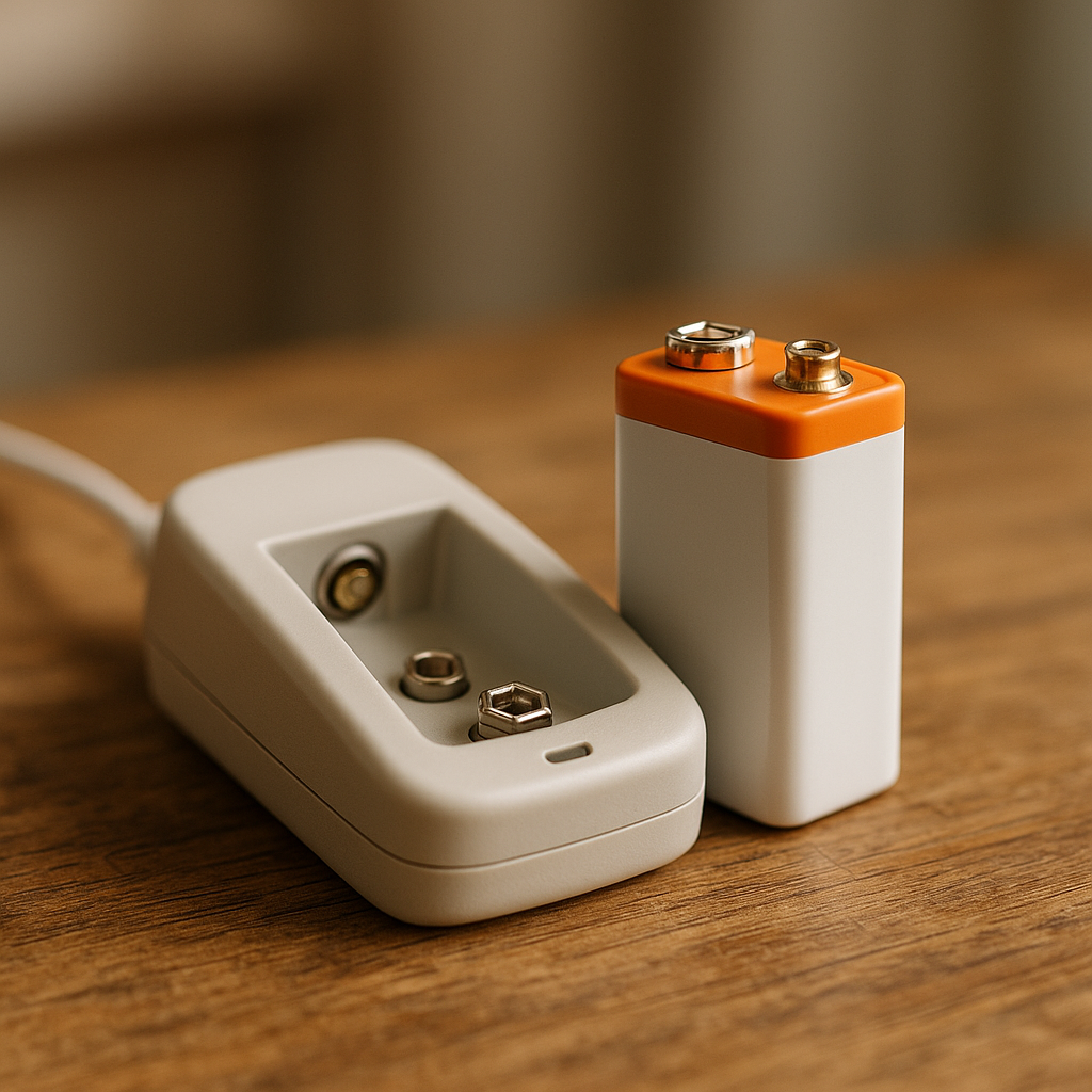 A rechargeable 9v lithium battery sits next to its dedicated charger on a clean surface with soft natural lighting.