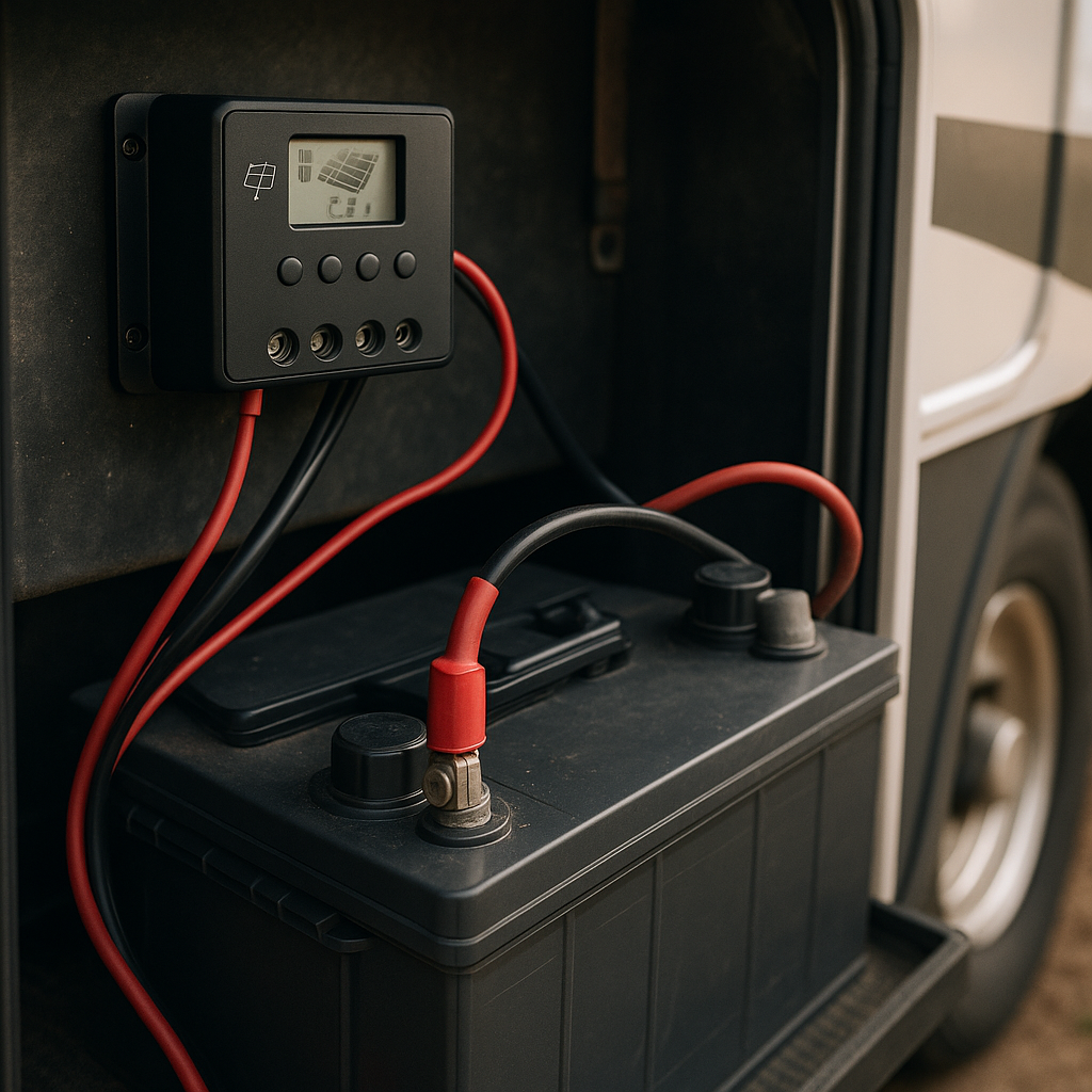 A solar power 12v charger connected to a deep cycle battery inside an RV battery bay with soft natural lighting.