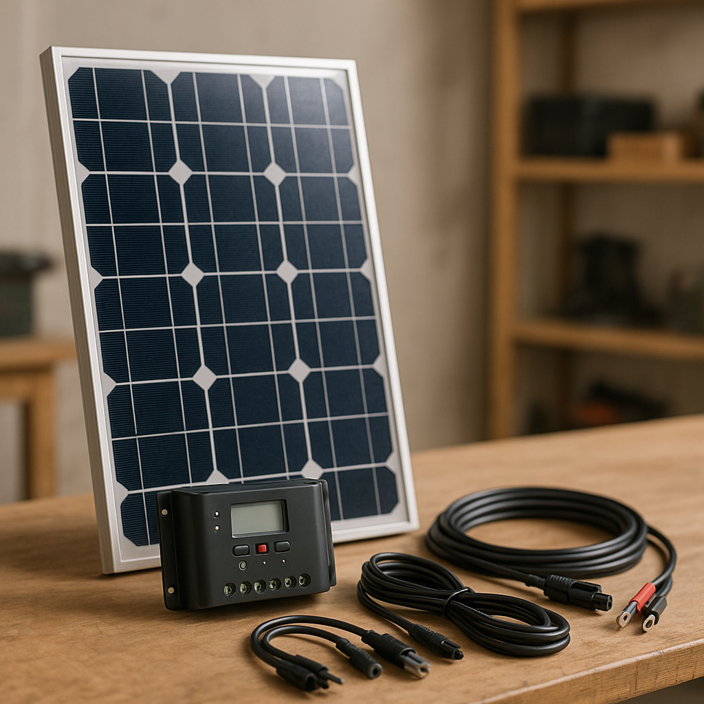 A complete solar power 12V charger kit with panel, charge controller, and cables arranged on a wooden workbench.