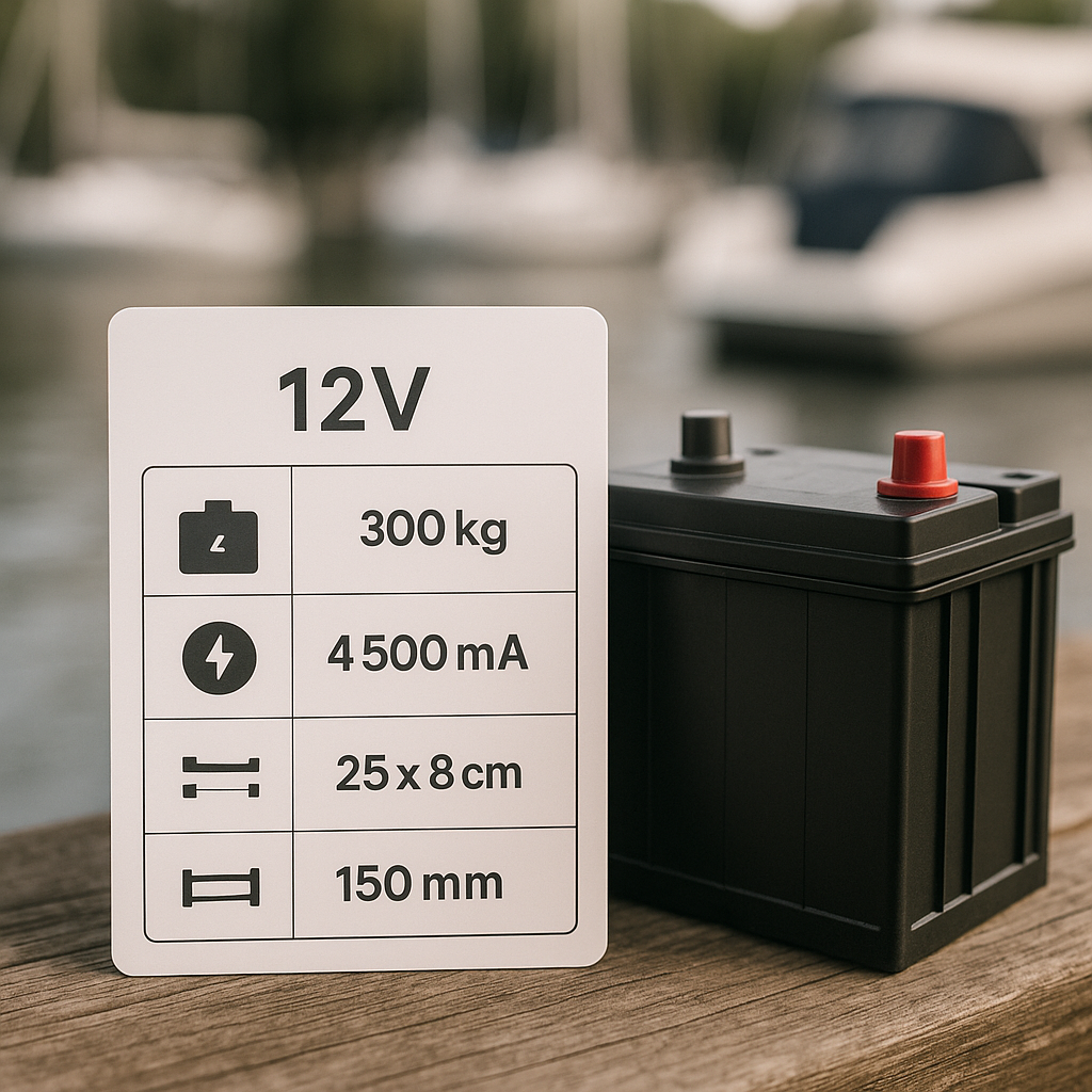 A diagram comparing specifications of a 12v marine battery for a boat, displayed on a wooden dock near calm water under soft natural light with a shallow depth of field that subtly blurs the background to focus on the battery's details, textures, and realistic scale. Diagram comparing specifications of a 12v marine battery for a boat on a wooden dock with water in the background.