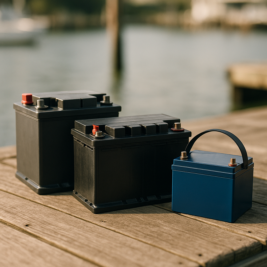 A collection of modern 12v marine batteries, including AGM and LiFePO4 types, displayed on a textured wooden surface with soft natural lighting creating a shallow depth of field that subtly blurs the background. The composition shows various battery sizes and designs with accurate color tones and realistic textures in an editorial-style arrangement. Assortment of modern 12v marine battery types including AGM and LiFePO4 arranged on a wooden surface with soft natural lighting.