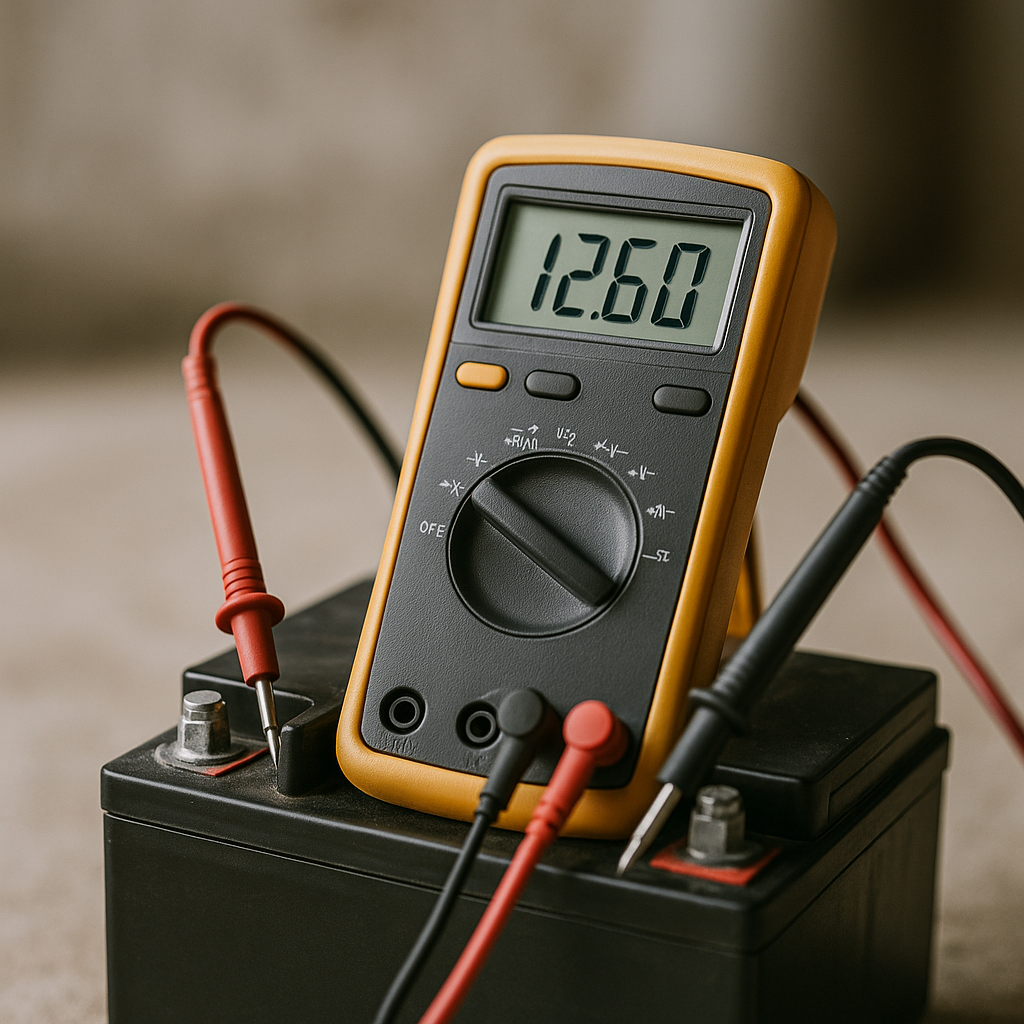 A digital multimeter displays voltage readings while connected to a 12-volt lead-acid battery with red and black probes.