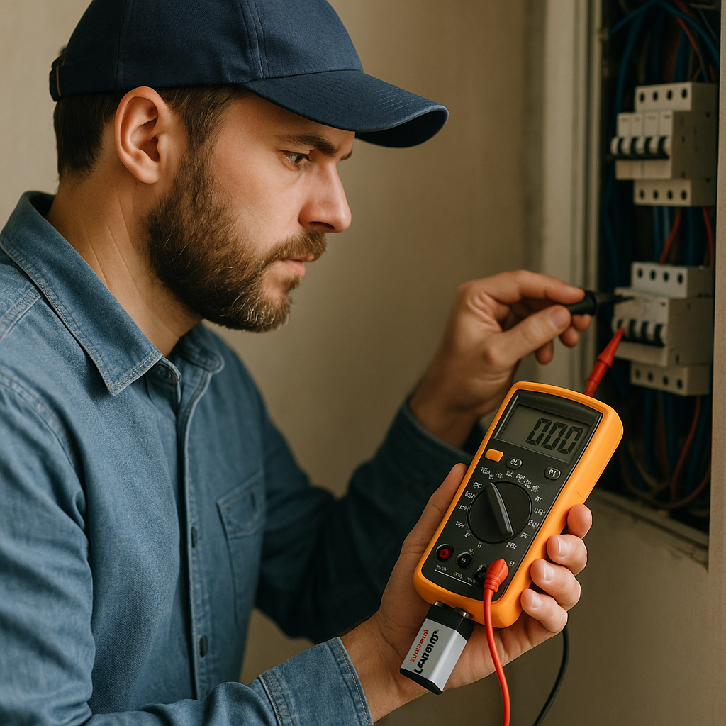 A professional uses a multimeter powered by a 9V lithium battery in a workshop setting.