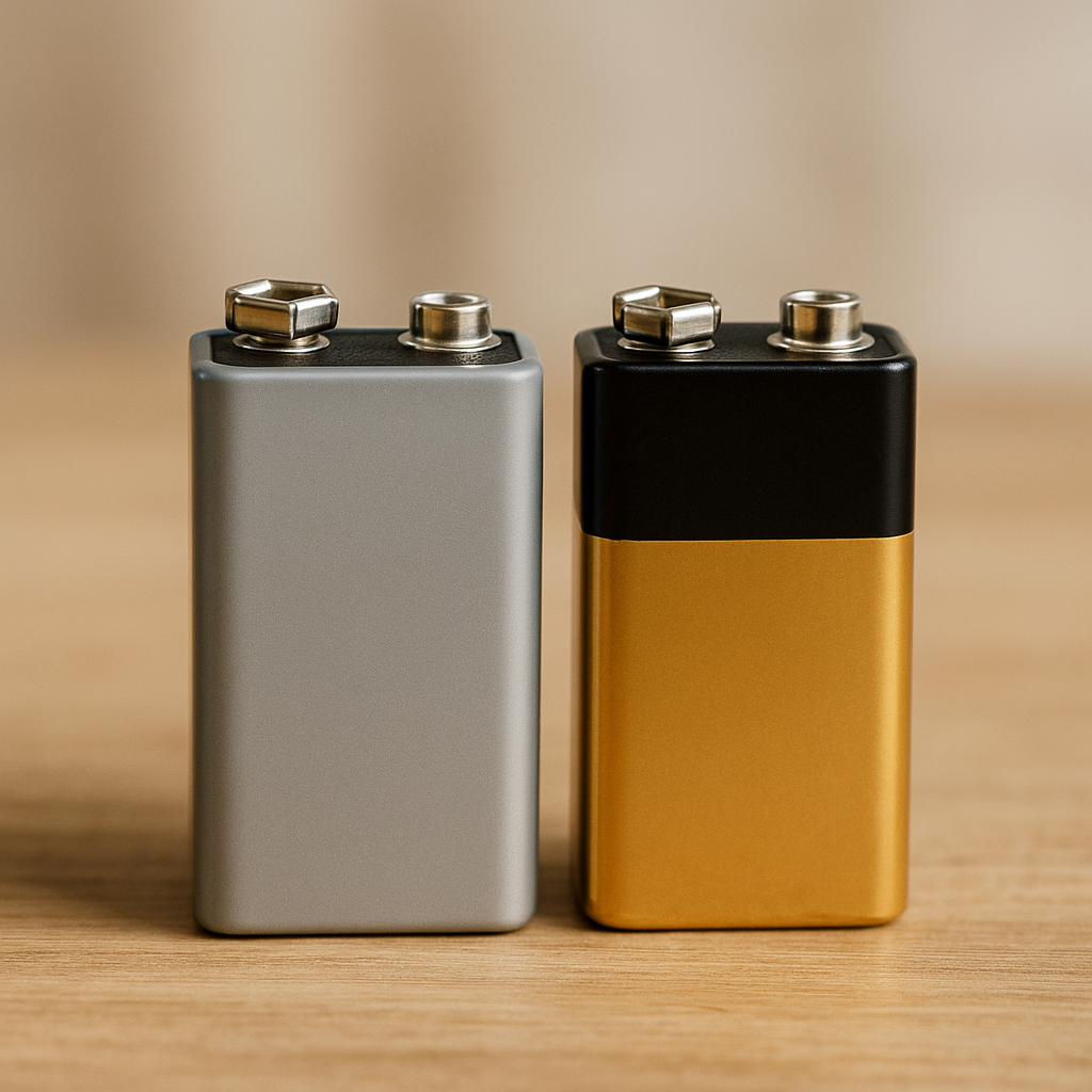 A 9V lithium battery placed next to an alkaline 9V battery on a wooden surface for size and color comparison.