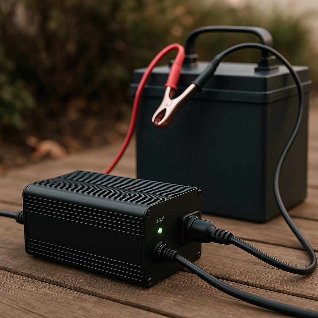 A smart 36-volt battery charger connected to a lithium battery pack for a trolling motor in a natural environment.