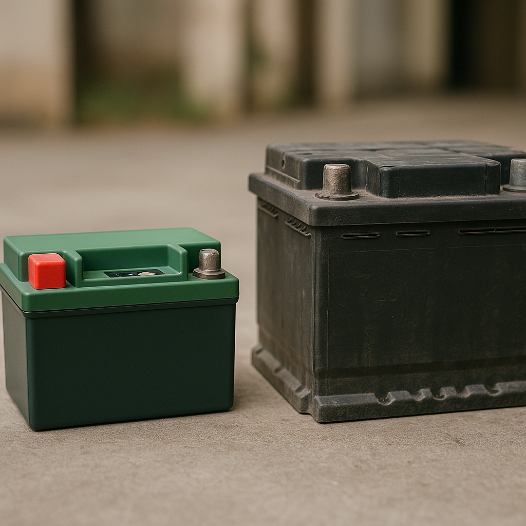 A photograph showing a lightweight lithium-ion 12V battery next to a heavy lead-acid battery, placed on a wooden table with soft natural lighting and a shallow depth of field that subtly blurs the background. The composition highlights the size and texture differences between the two batteries in a clean, editorial style. Side-by-side comparison of a lightweight lithium-ion 12V battery and a heavy lead-acid battery on a wooden surface.
