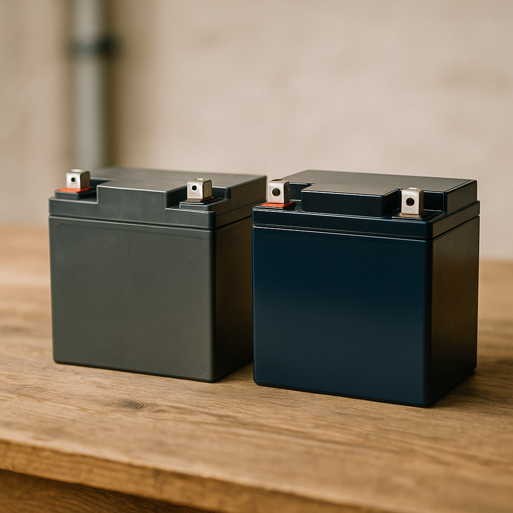 A 12v 18ah SLA battery sits beside a LiFePO4 model on a textured surface for size and design comparison.