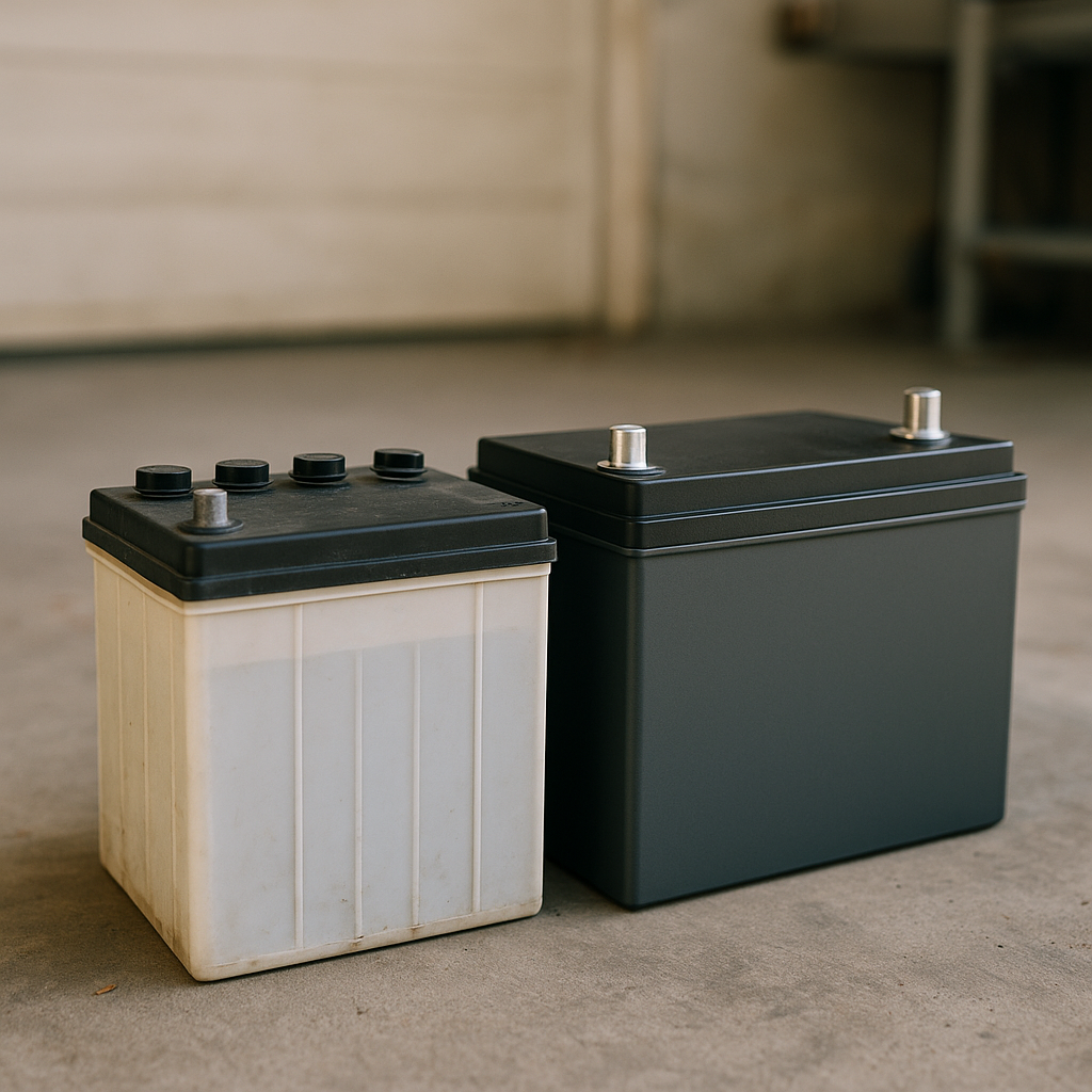 N170RD battery positioned beside a modern LiFePO4 Group 8D replacement battery in a clean environment with soft lighting.