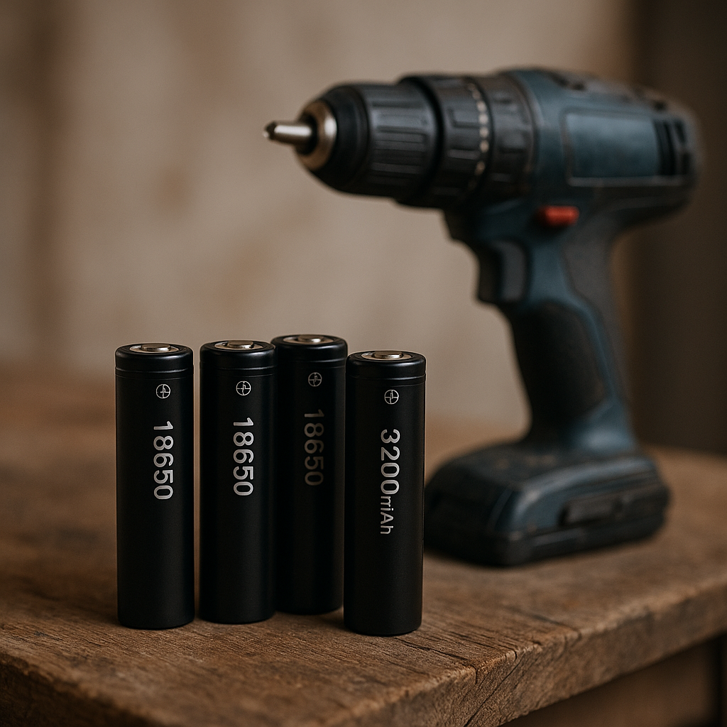 Four Efest 18650 3200mAh batteries placed beside a cordless power tool on a wooden workbench.