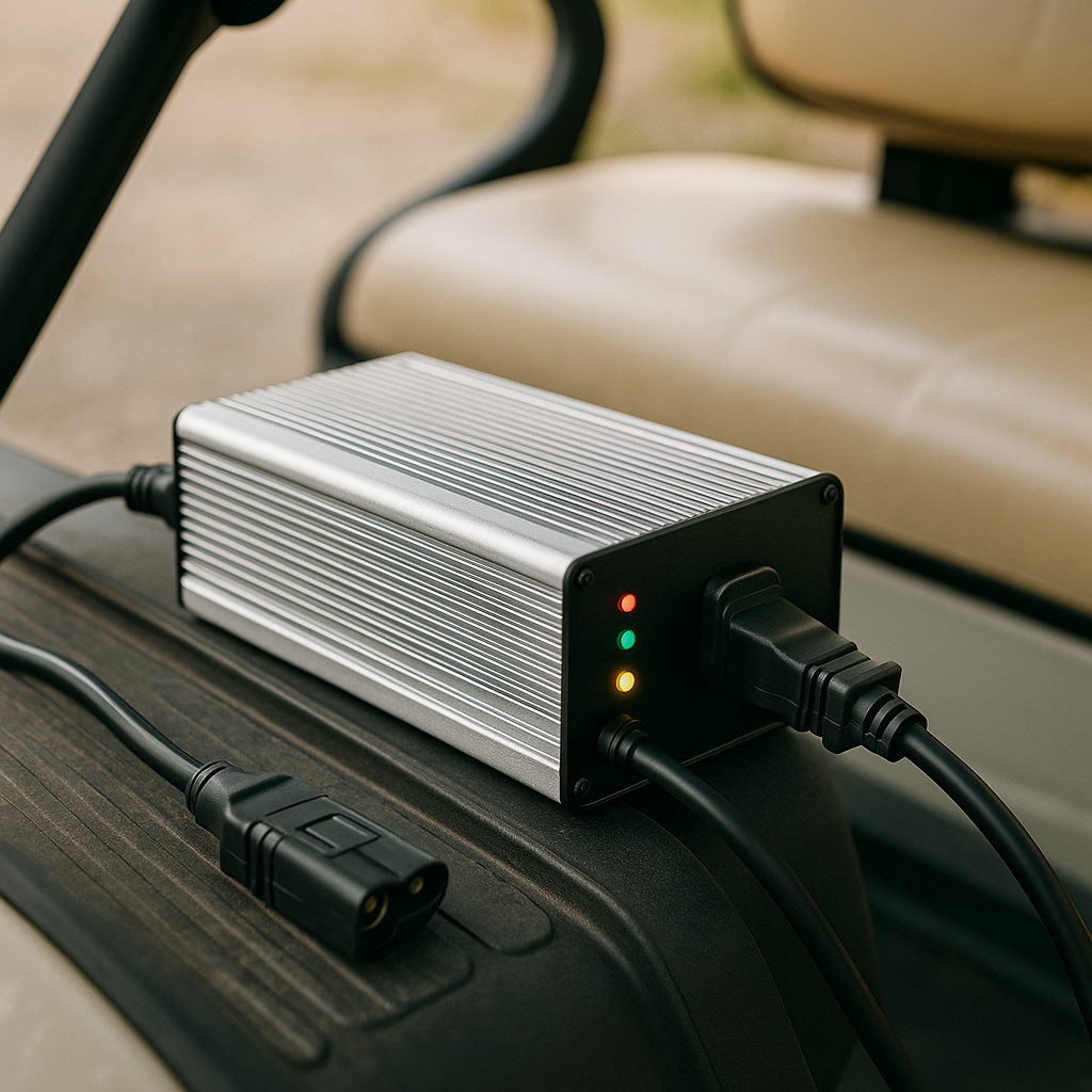 A modern 36 volt golf cart battery charger with smart LED indicators sits on a clean surface with soft natural lighting.