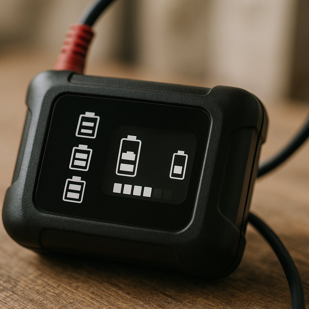 Close-up of a smart 8v battery charger display showing charging stages with soft lighting and blurred background.