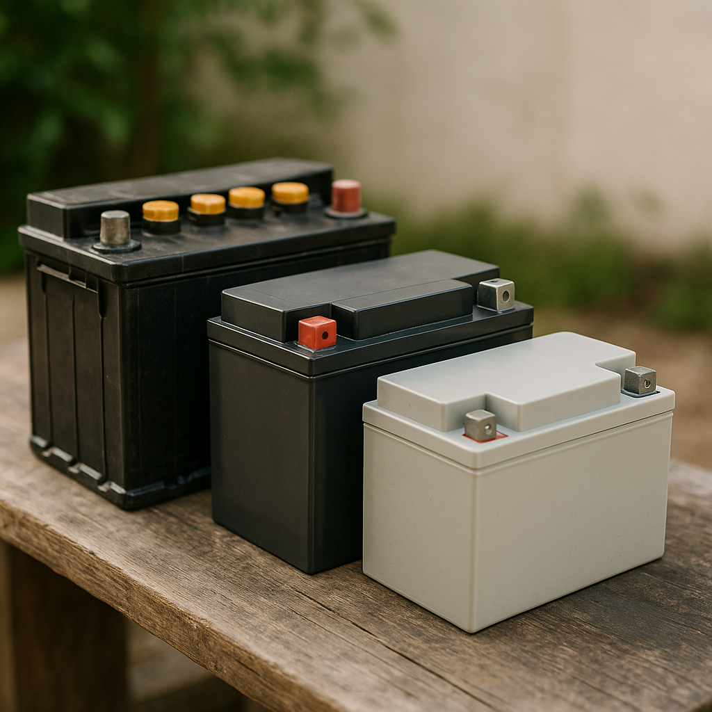 An array of 12-volt lead acid batteries including flooded, AGM, and Gel types arranged on a wooden surface.