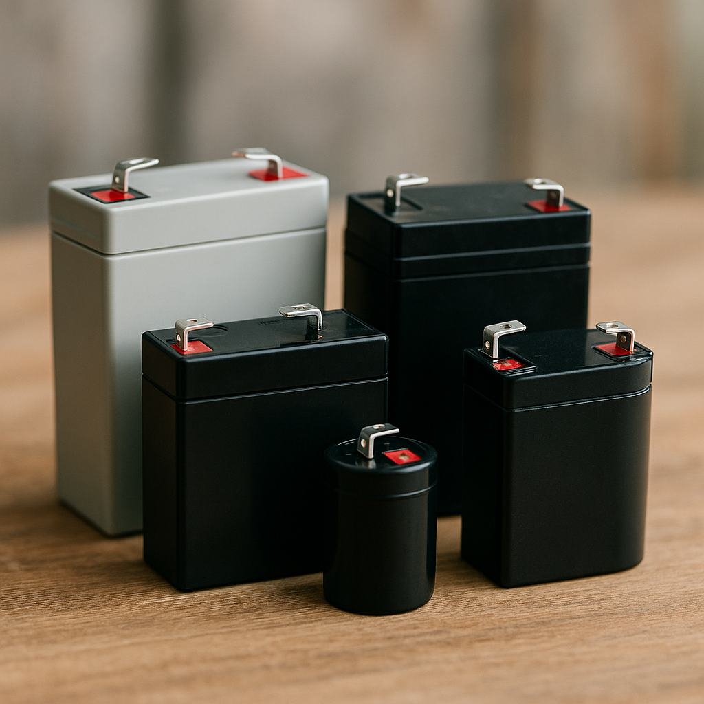 Various types of 6 volt rechargeable batteries with F1 and F2 terminals displayed on a clean surface with soft natural lighting.