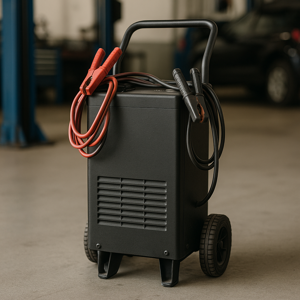 A heavy-duty wheeled battery charger sits on the concrete floor of a professional auto shop with tools visible in the background.