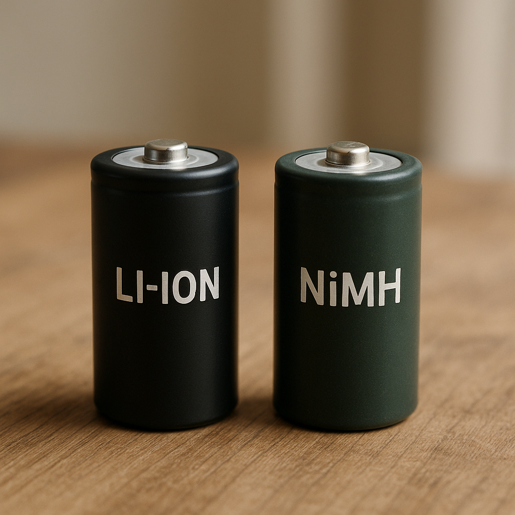 Lithium-ion and NiMH rechargeable batteries placed side-by-side on a clean surface with soft natural lighting.