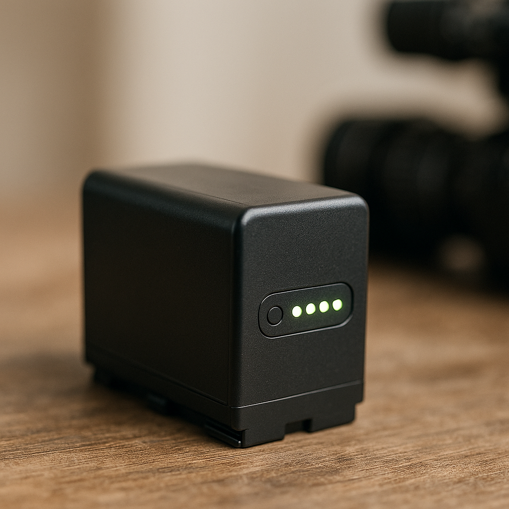 Close-up view of a replacement JVC camcorder 700 series battery with glowing LED indicator on a textured surface.
