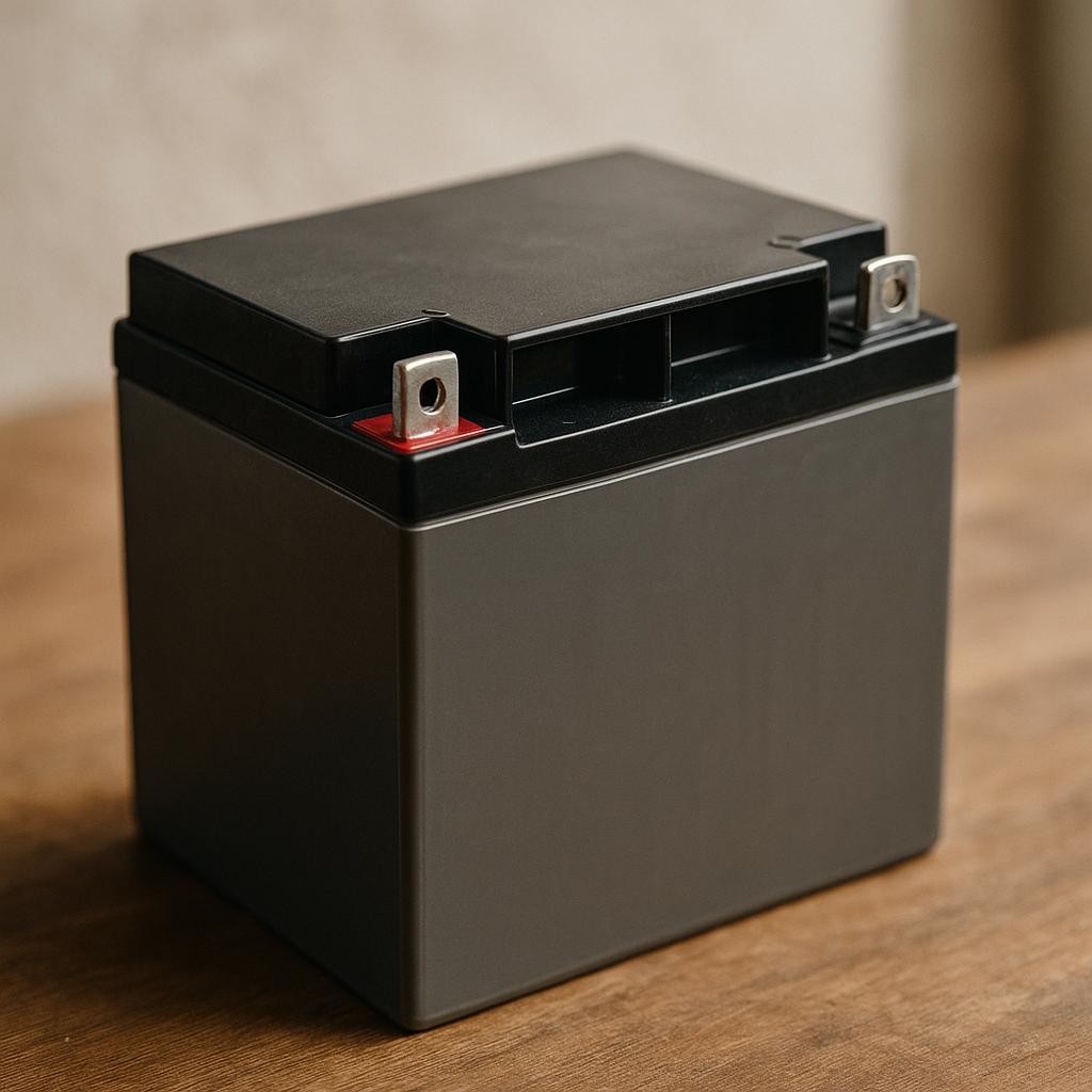 Close-up photograph of a new sealed lead-acid American Power Conversion battery with visible texture and connectors.