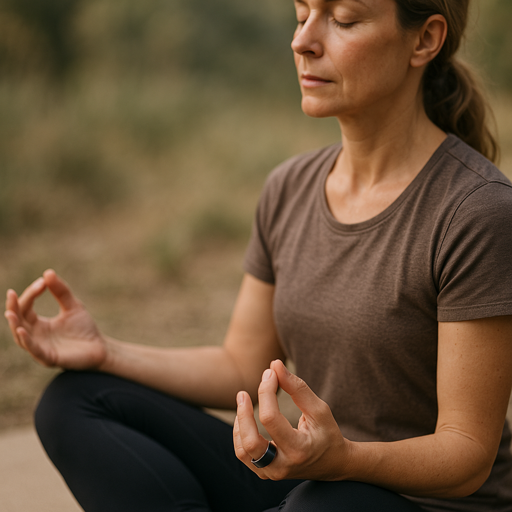 A person meditating outdoors while wearing a silver smart ring on their finger, with a blurred natural background.