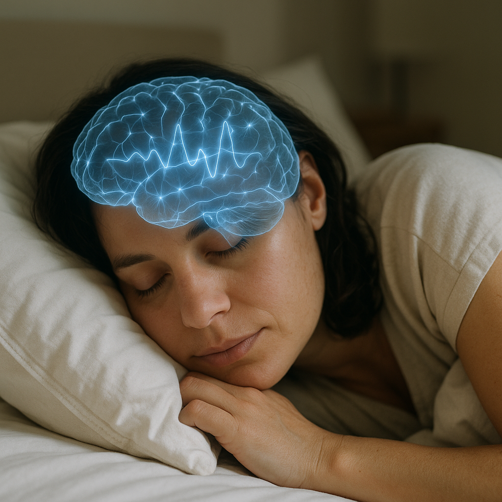 Person sleeping peacefully with glowing brain activity symbolizing deep sleep in a dark bedroom.