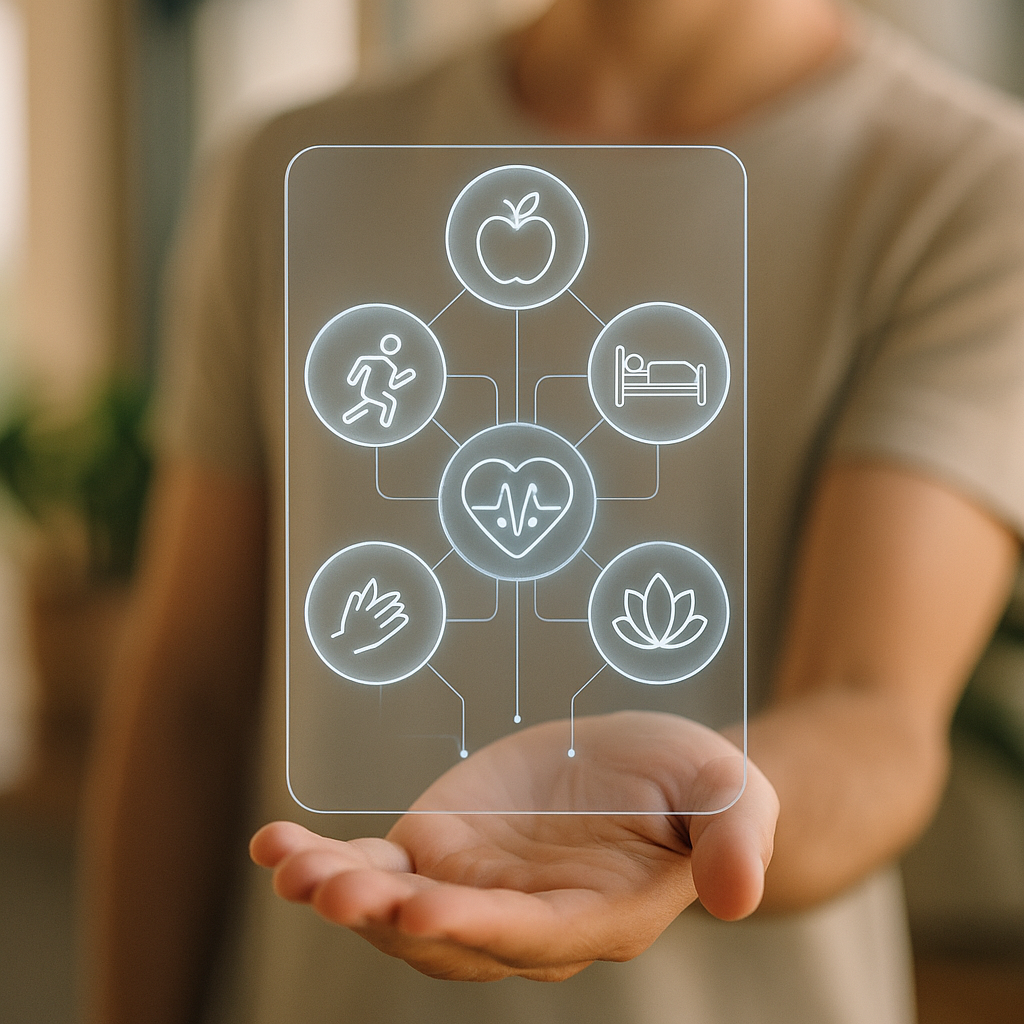 Futuristic infographic displaying five pillars of holistic health connected by glowing technology lines in a dimly lit room.
