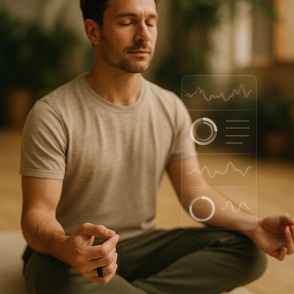 A person meditating in a park with a smart ring on their finger and a holographic health data overlay.
