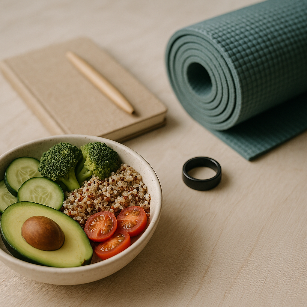 Flat lay of holistic health elements including a smart ring, healthy food, yoga mat, and journal on a wooden surface.