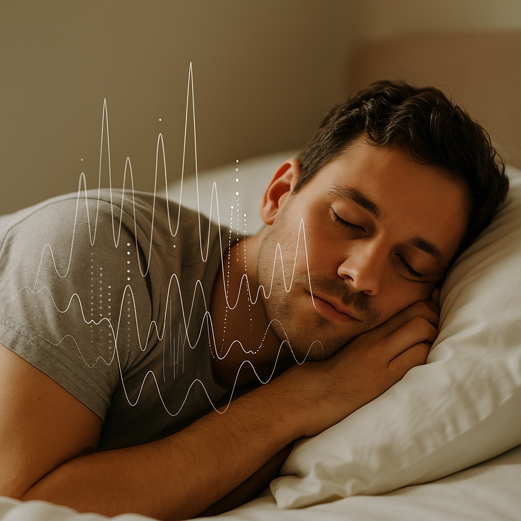 A person sleeping peacefully in bed with a data overlay showing sleep activity metrics.