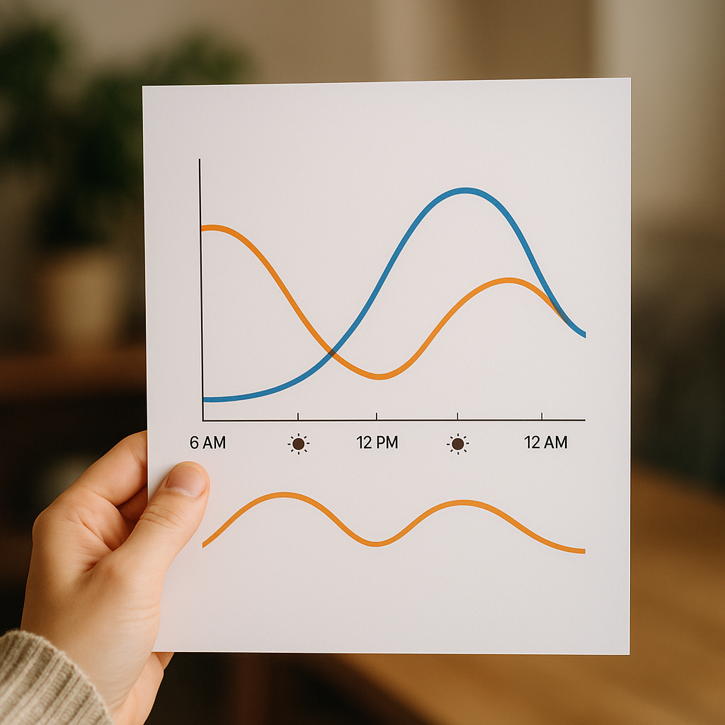 Infographic showing melatonin and cortisol levels based on the circadian rhythm, illustrating AP Psychology concepts.