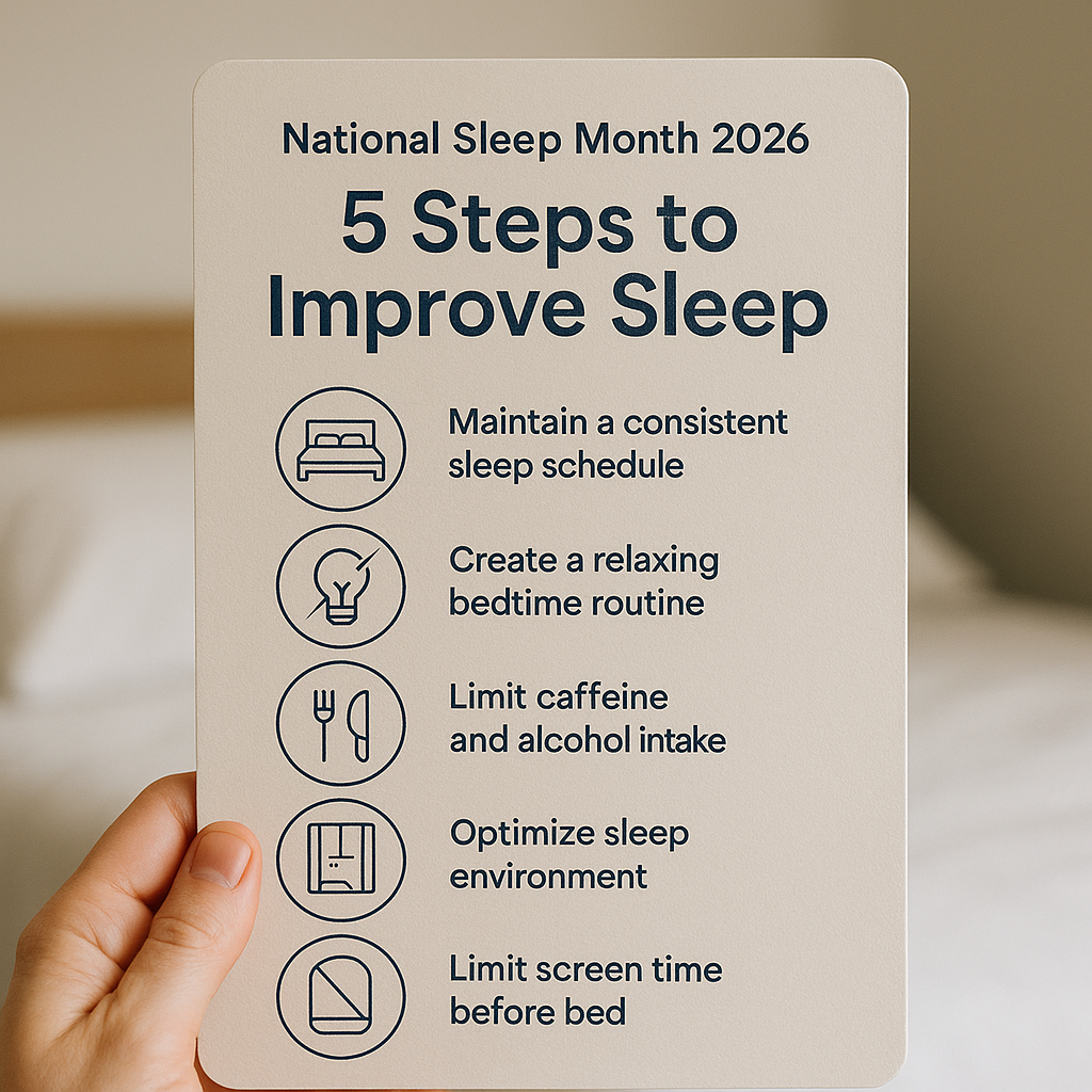 Infographic illustrating 5 actionable steps to improve sleep for National Sleep Month 2026, displayed on a wooden desk with soft lighting.