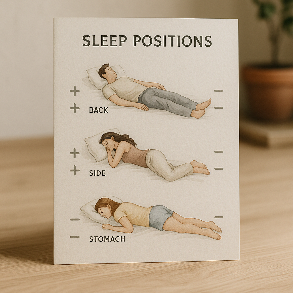 Illustrated sleep positions chart showing pros and cons for back, side, and stomach sleeping on a wooden table.