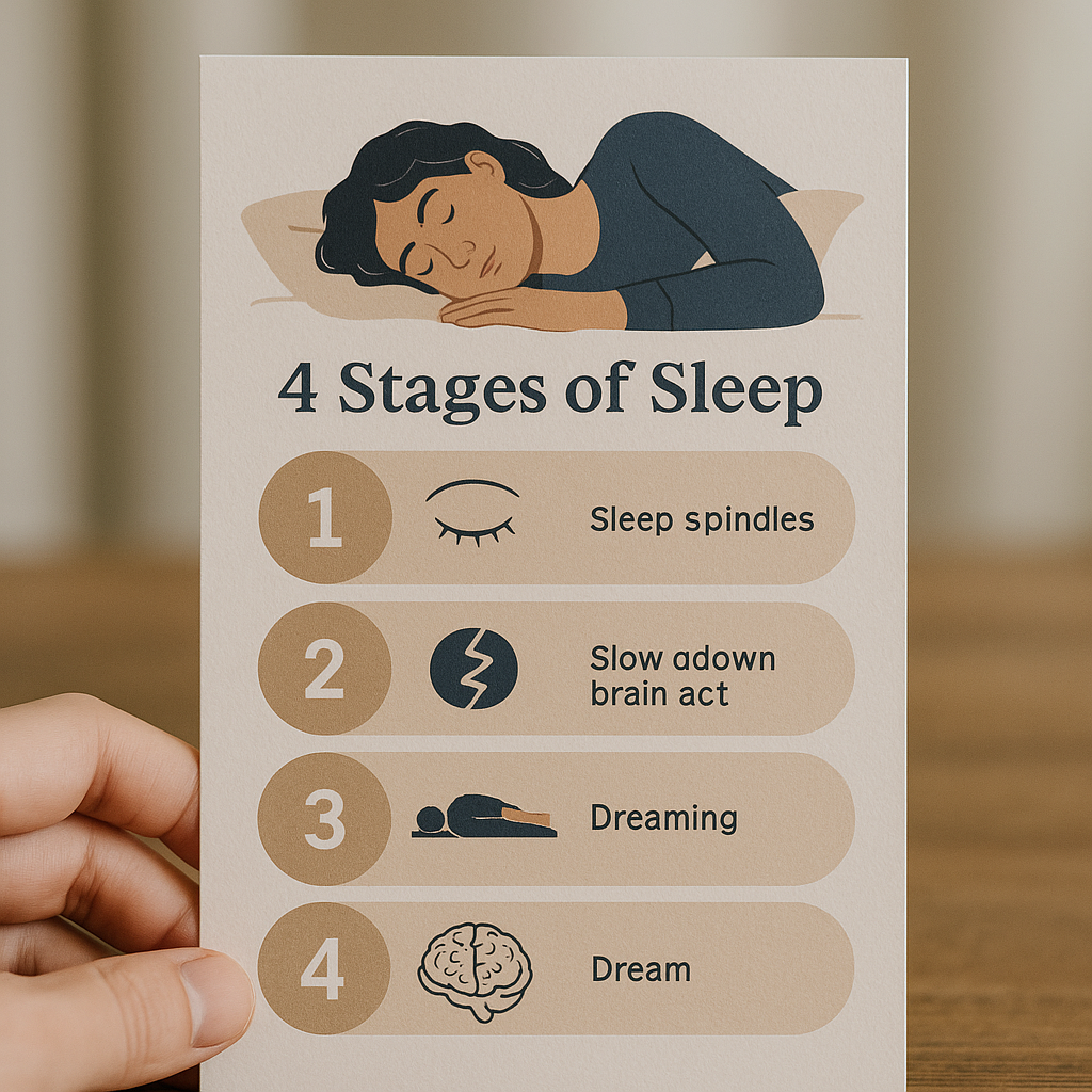Infographic detailing the 4 stages of sleep with a sleeping person in a dark bedroom, soft lighting.