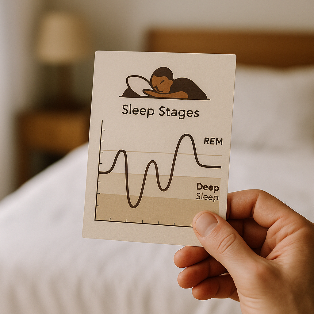 Infographic showing sleep stages like REM and deep sleep in a calm bedroom setting.