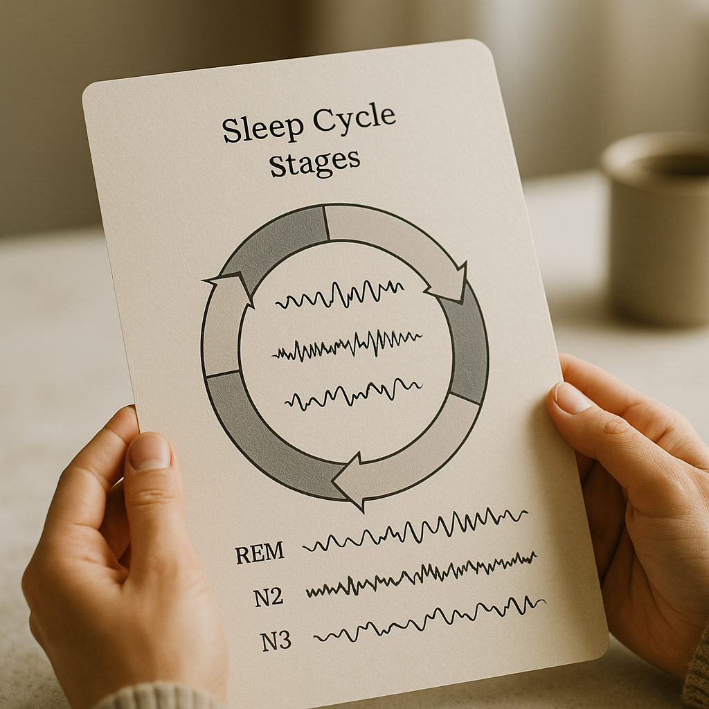 Infographic explaining sleep circle stages with brainwaves on a clean surface with soft lighting.
