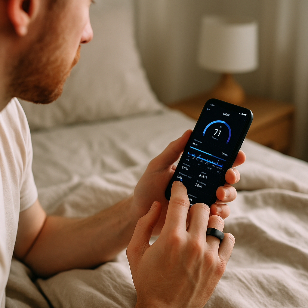 A person checks their smart ring sleep data on a phone screen after waking up in a bedroom.