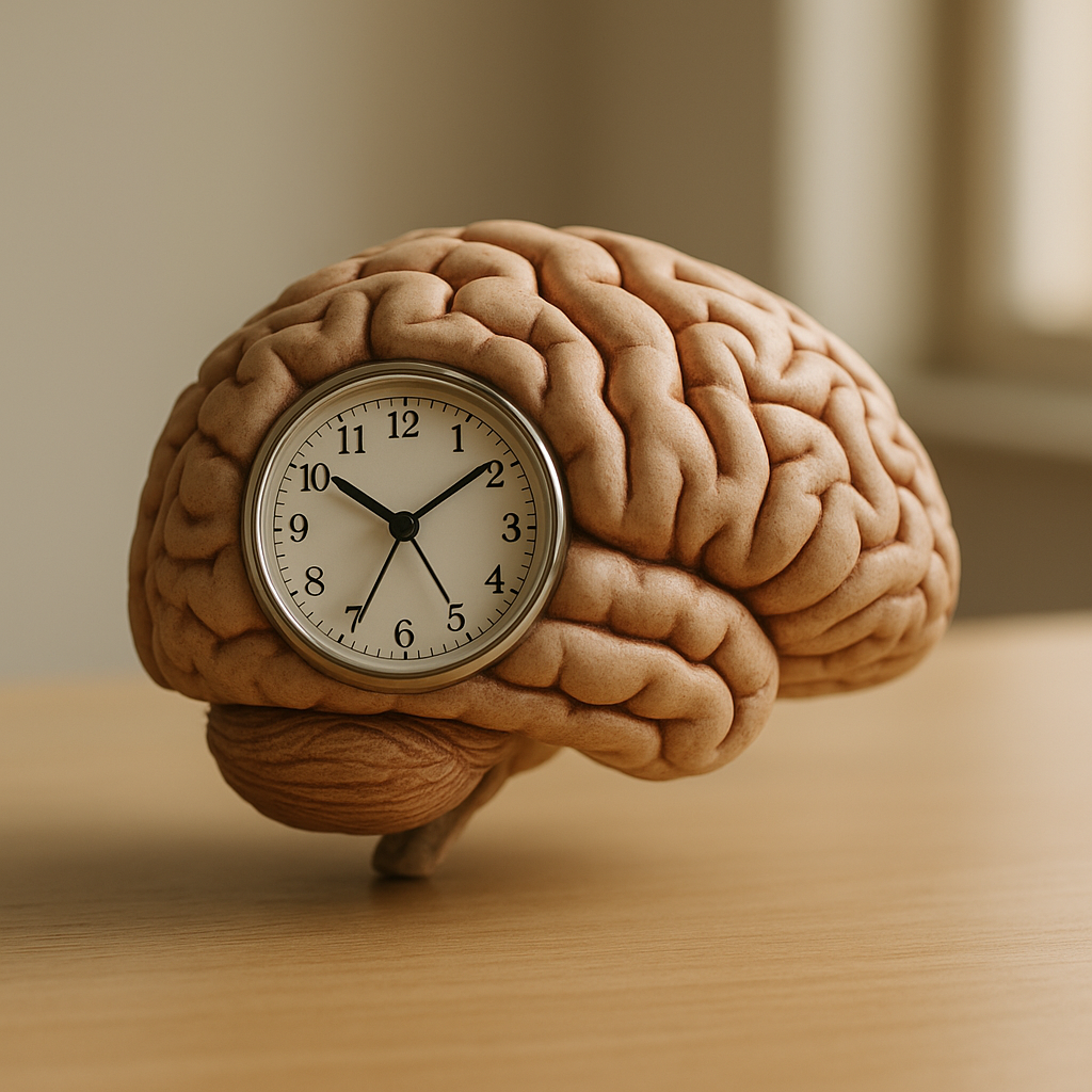Abstract human brain model with a clock inside, illustrating circadian rhythm for AP Psychology.