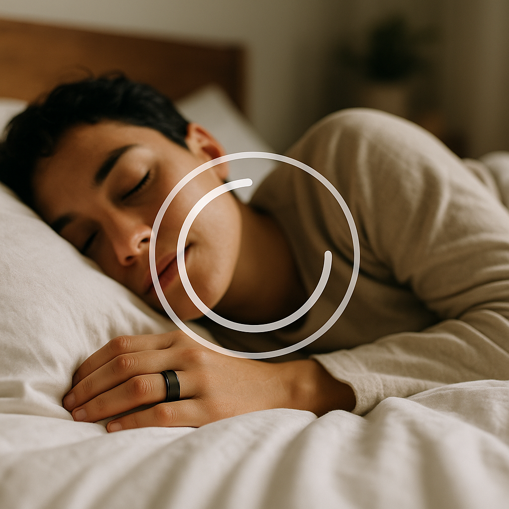 Person sleeping peacefully wearing a smart ring with a sleep circle graphic overlay on the finger.