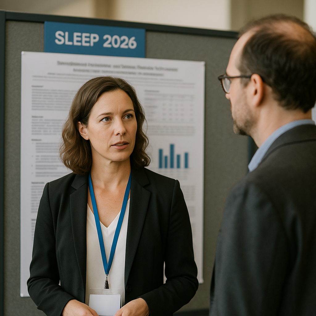 Attendees viewing scientific poster at Sleep 2026 meeting session.
